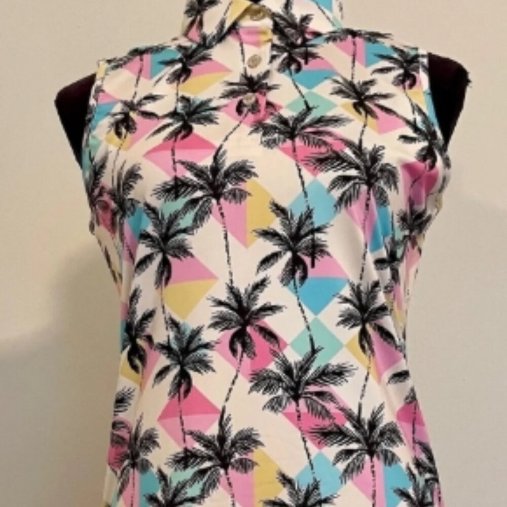 CS Ladies Sleeveless Sand Beach Palm Print Polo